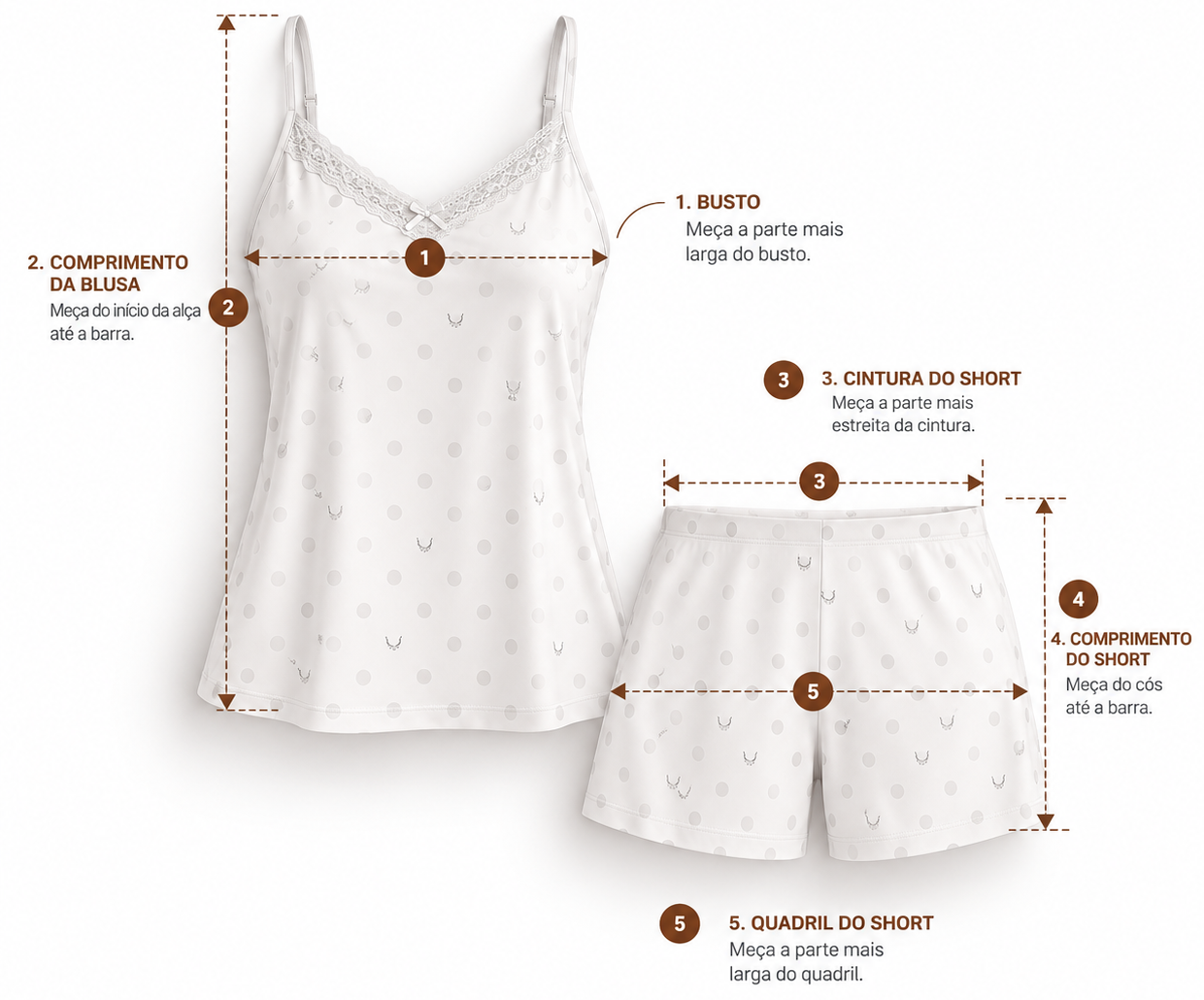 Pijama alça fina com short — pontos de medida